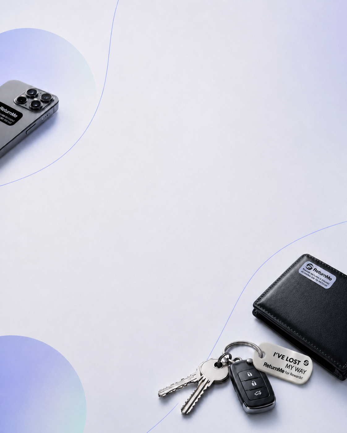 A phone, a car key fob with keys and a leather wallet arranged on a pale studio surface.
