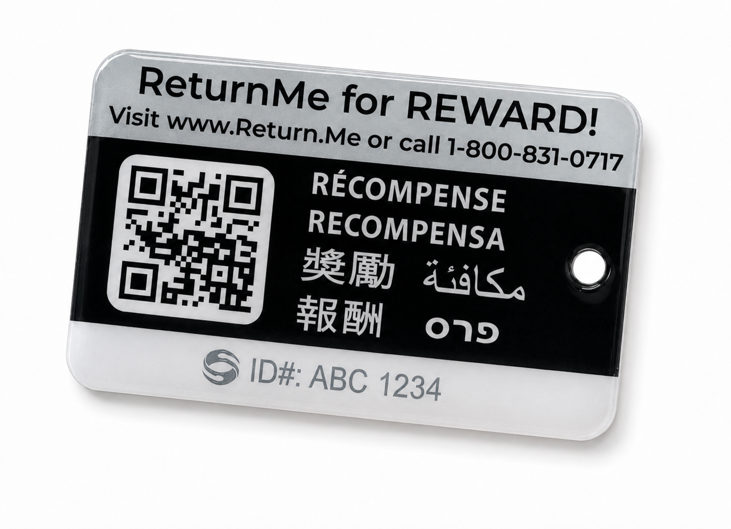 Back of a ReturnMe reward tag showing the QR code, recovery phone number, and Tag ID area.